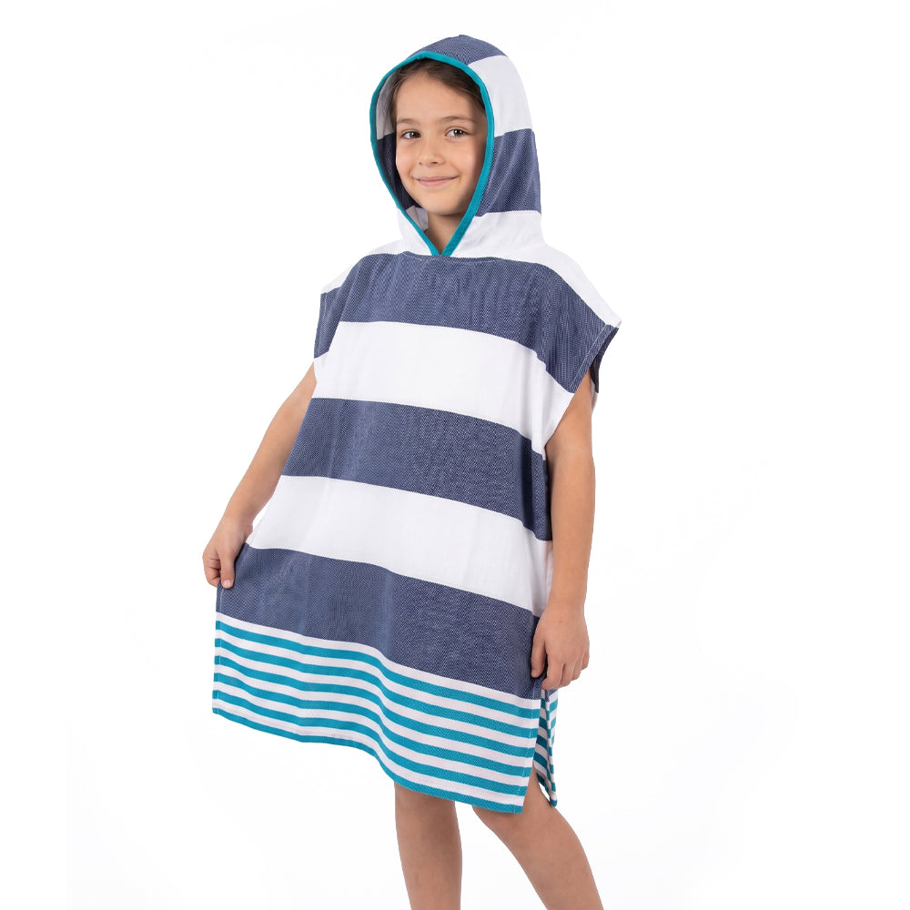 NIXY Kids Turkish cotton changing poncho towel worn by female child model white a white background