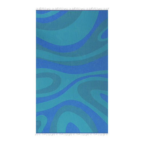 Blue and green space themed Turkish towel on a white background