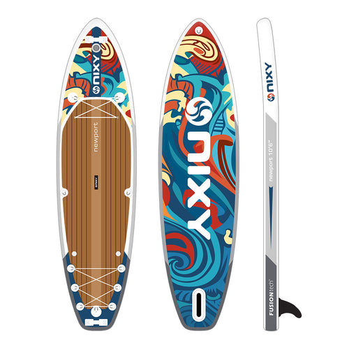 Newport G5 inflatable SUP in Ibiza red, orange and blue print, board views with welded FusionTech seams