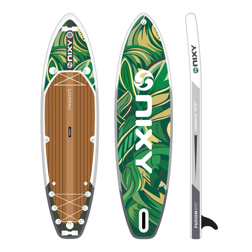 Newport G5 inflatable stand up paddle board in Maui green, top deck and side profile views