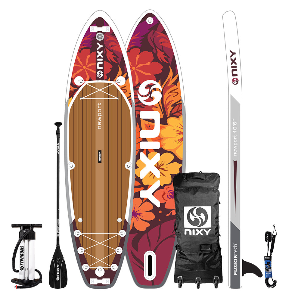 NIXY Newport G5 inflatable paddle board in Baja red hibiscus print with complete gear package