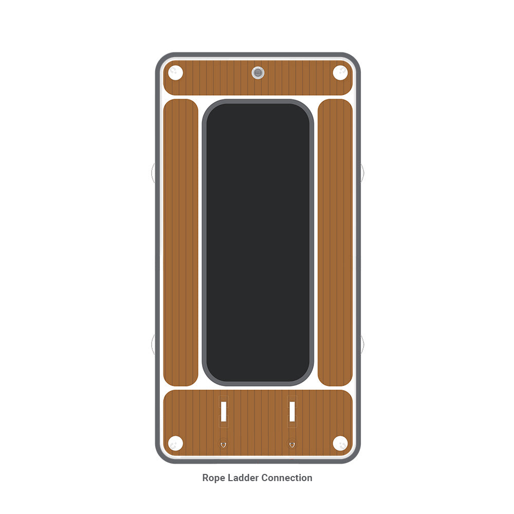 An image showing an inflatable portable water hammock with a rope ladder connection, predominantly in shades of brown and black.