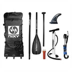 NIXY paddle board accessories including a bag, paddle, fins, and pump on a white background