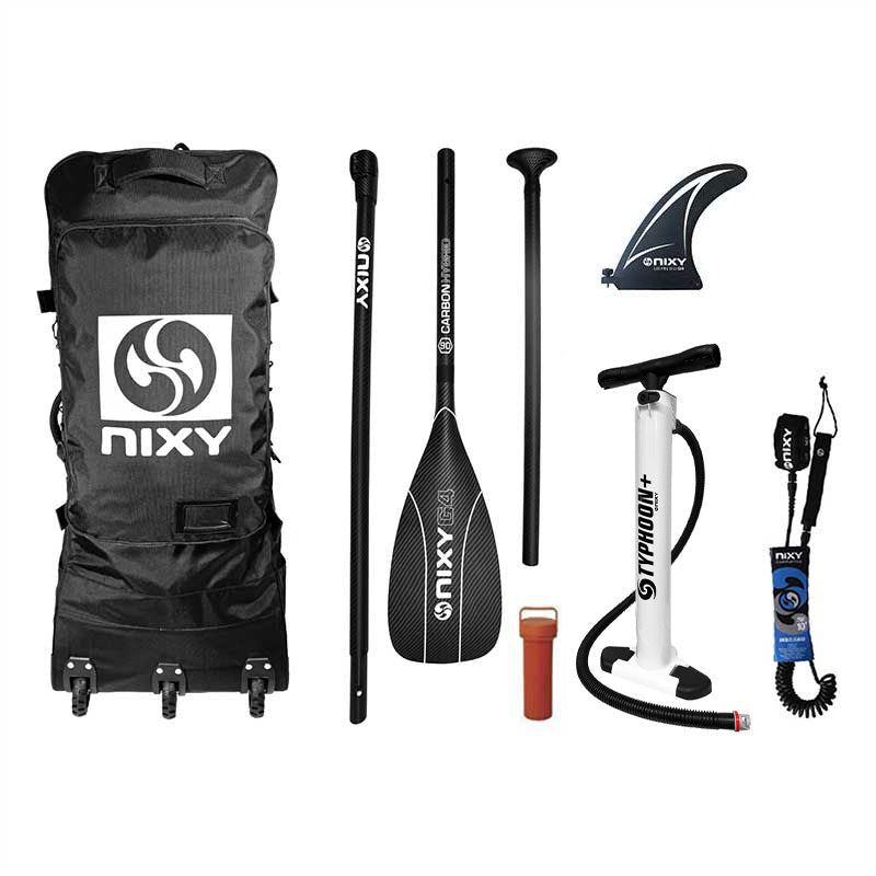NIXY paddle board accessories including a bag, paddle, fins, and pump on a white background
