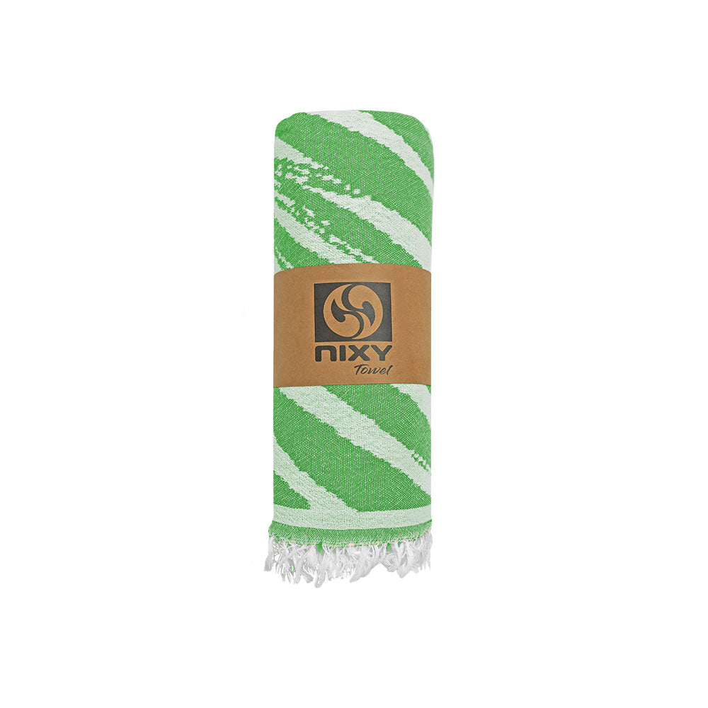 NIXY Palm Turkish Beach Towel in Lime, palm-leaf pattern laid flat on a white background
