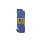 NIXY Parallax Recycled Turkish Cotton Beach Towel (Blue). A rolled-up beach towel with bold diagonal stripes in blue and white, shown against a white background.