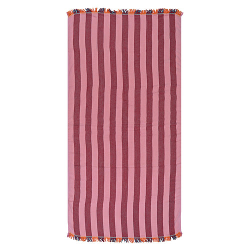 Striped Turkish towel with red and pink vertical stripes on a white background