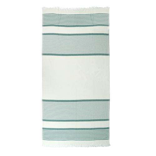 Striped Turkish cotton beach towel with green and white stripes on a white background
