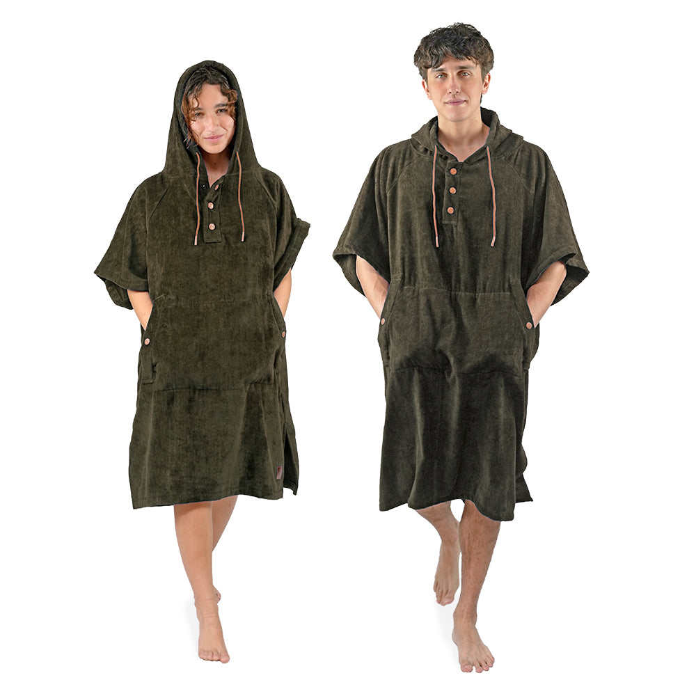 NIXY oversized adult towel changing ponchos worn by a male and female model on a white background.