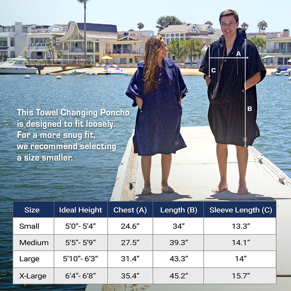 Size chart for NIXY surfer changing poncho