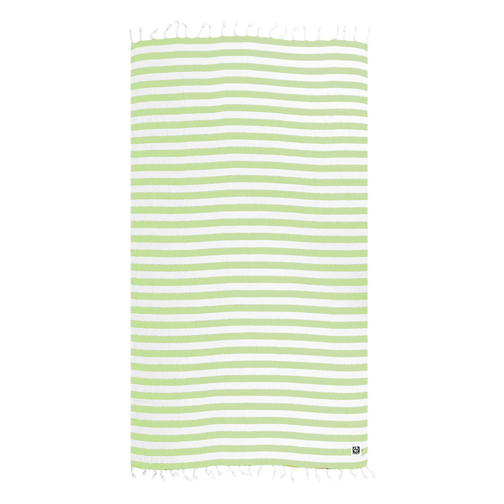NIXY Acelia Bamboo Turkish Beach Towel in Lime, bamboo-cotton blend with striped pattern laid flat on a white background