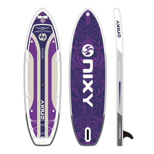 Venice G5 10'6" yoga paddle board in Purple mandala print, deck, hull and side profile views
