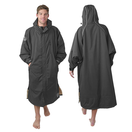 Man wearing NIXY black waterproof changing parka front and back view - men's hooded weatherproof robe for surfing, swimming, and cold-water sports