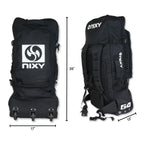 Black sup backpack with NIXY branding and measurements on a white background