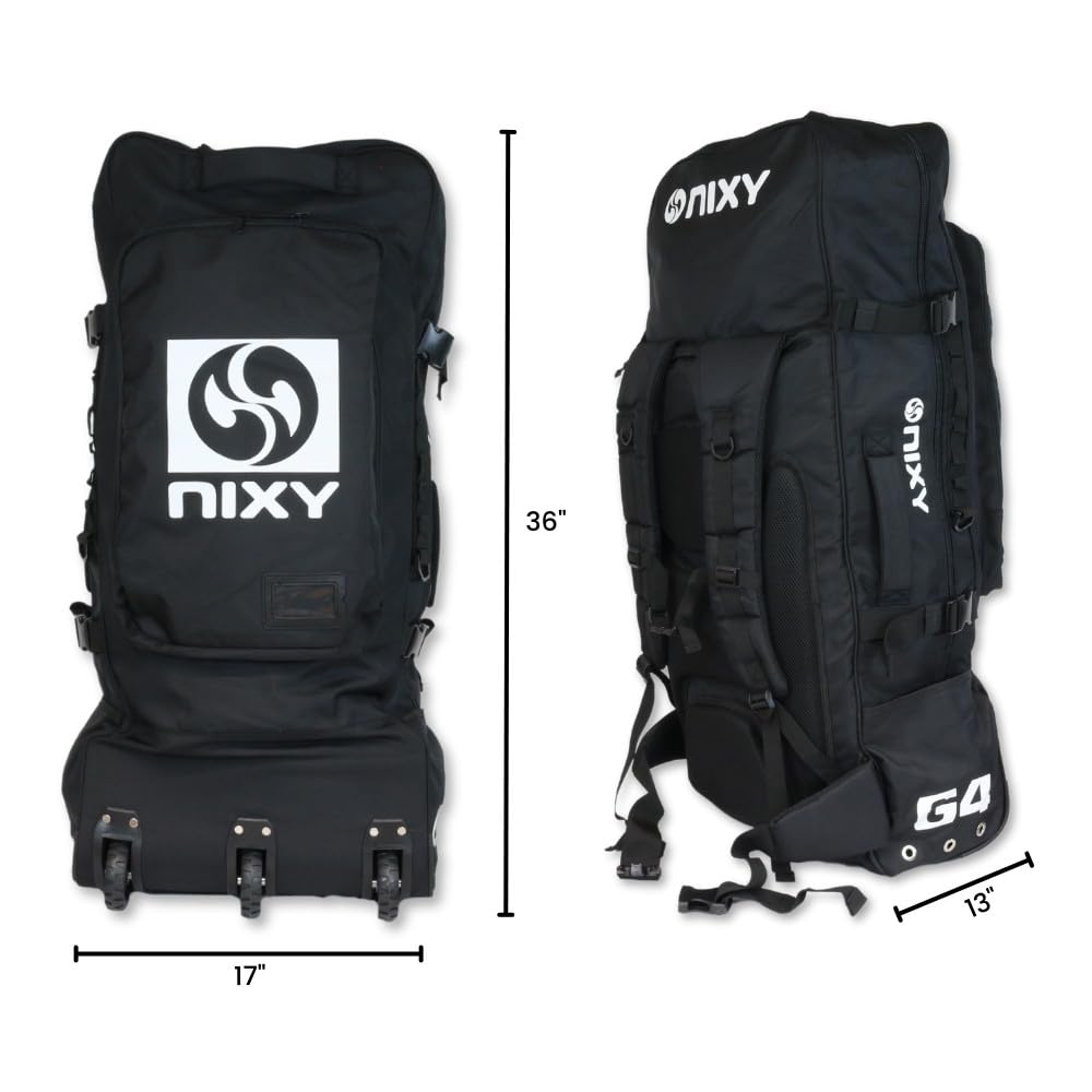 Black sup backpack with NIXY branding and measurements on a white background
