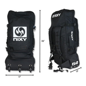 Black sup backpack with NIXY branding and measurements on a white background