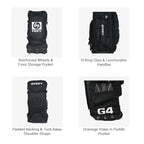Black waterproof sup backpack with various features highlighted on a white background