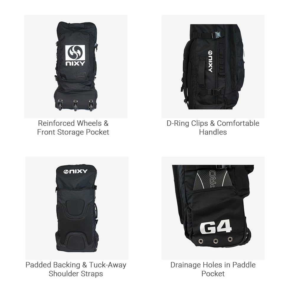 Black waterproof sup backpack with various features highlighted on a white background