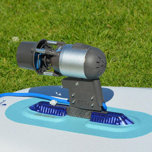close-up of electric paddleboard motor attached to paddleboard.