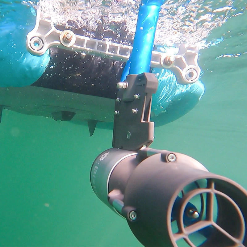 Underwater view of Bixpy jet motor attached to an inflatable kayak.