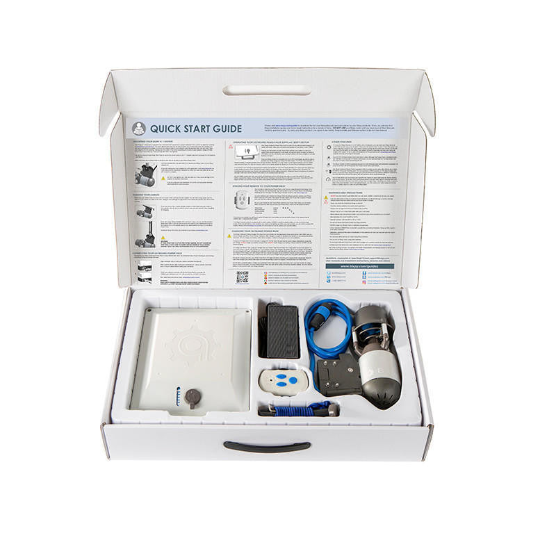 Open box showing electric sup motor, battery, remote, quick-start guide, and accessories.