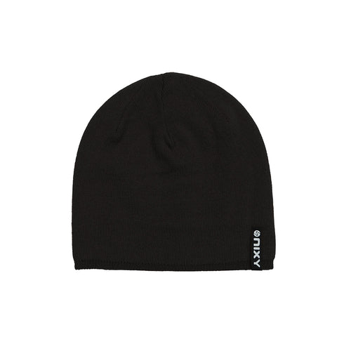 Black NIXY Sports classic knit beanie – uncuffed slouchy unisex winter hat with white logo, product shot on white background