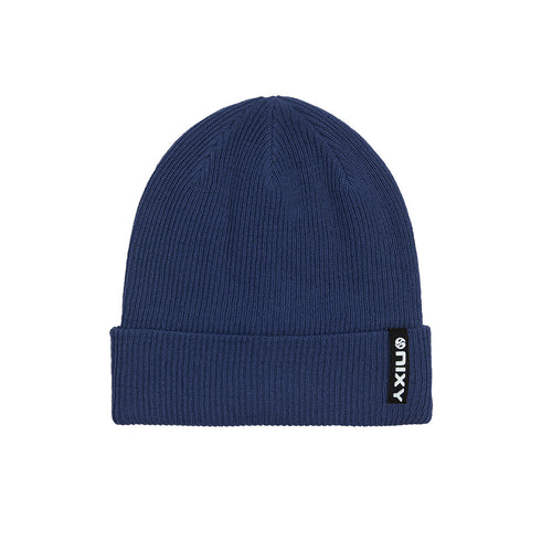 Navy blue NIXY Sports classic cuffed knit beanie, ribbed unisex winter hat with woven logo label, product shot on white background