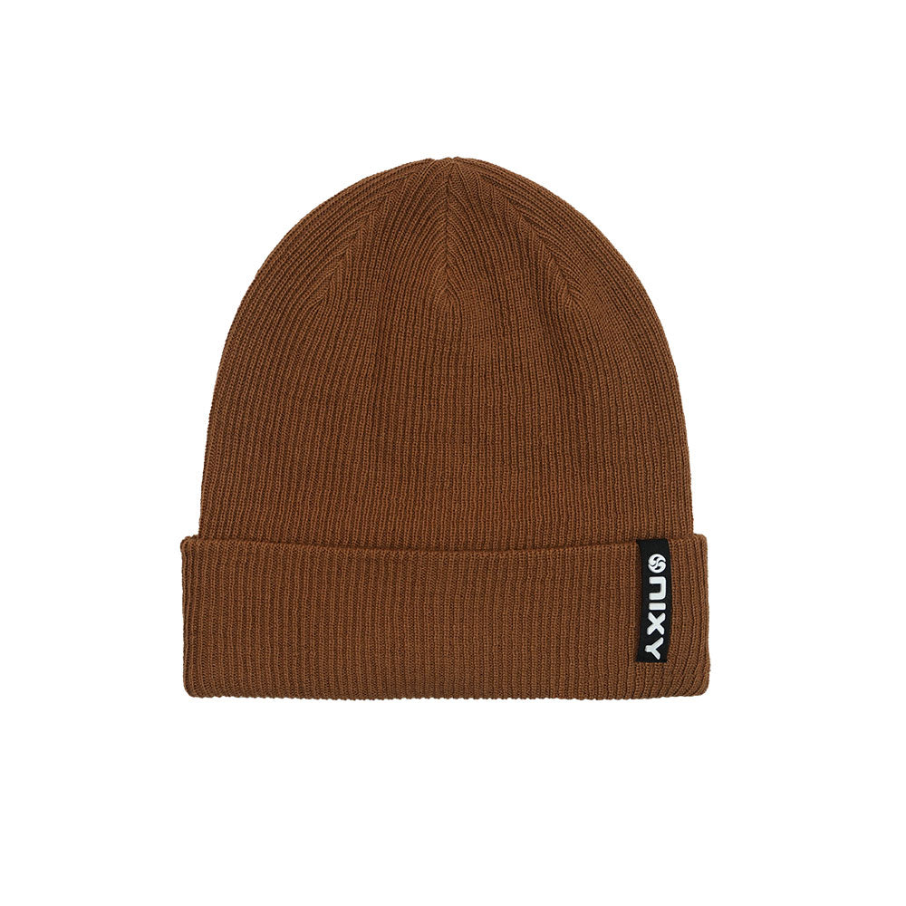 Golden brown NIXY Sports classic cuffed knit beanie – ribbed unisex winter hat with woven logo label, caramel product shot on white background