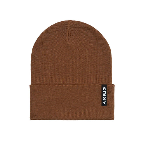 Golden brown NIXY Sports classic cuffed knit beanie – ribbed unisex winter hat with woven logo label, caramel product shot on white background
