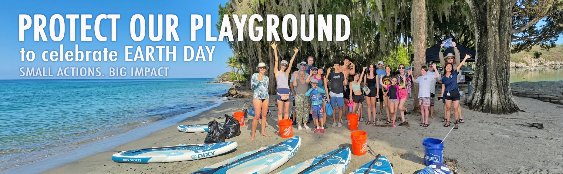 Group of people on a beach with text about protecting the playground and celebrating Earth Day.
