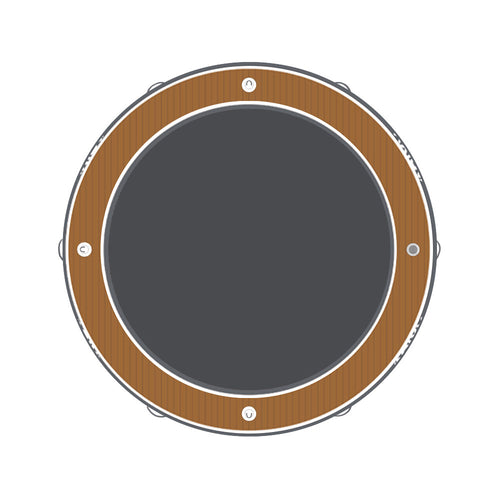 nixy inflatable floating hammock top-down view showing round wood-grain deck and dark mesh center lounge area