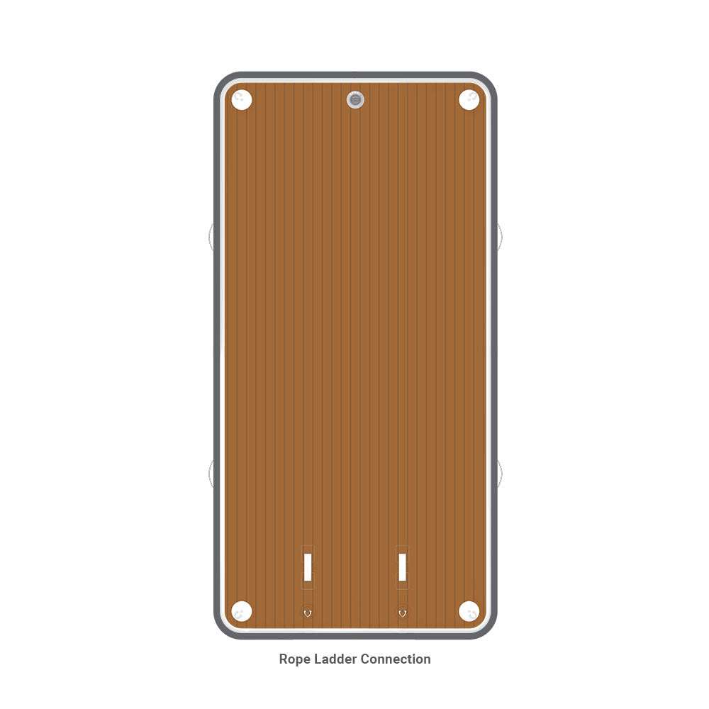 nixy 5 by 10 foot inflatable floating deck top view showing wood-grain eva surface with d-rings and rope ladder