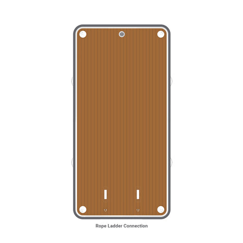 nixy 5 by 10 foot inflatable floating deck top view showing wood-grain eva surface with d-rings and rope ladder