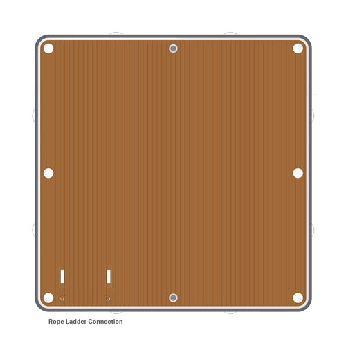 nixy 10 by 10 foot inflatable floating deck top view showing wood-grain eva surface with d-rings and rope ladder