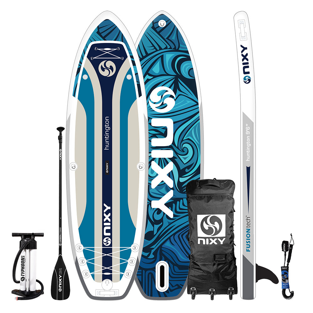 NIXY Huntington G5 9'6" compact inflatable paddle board in Blue with carbon paddle, pump, backpack, fin and leash