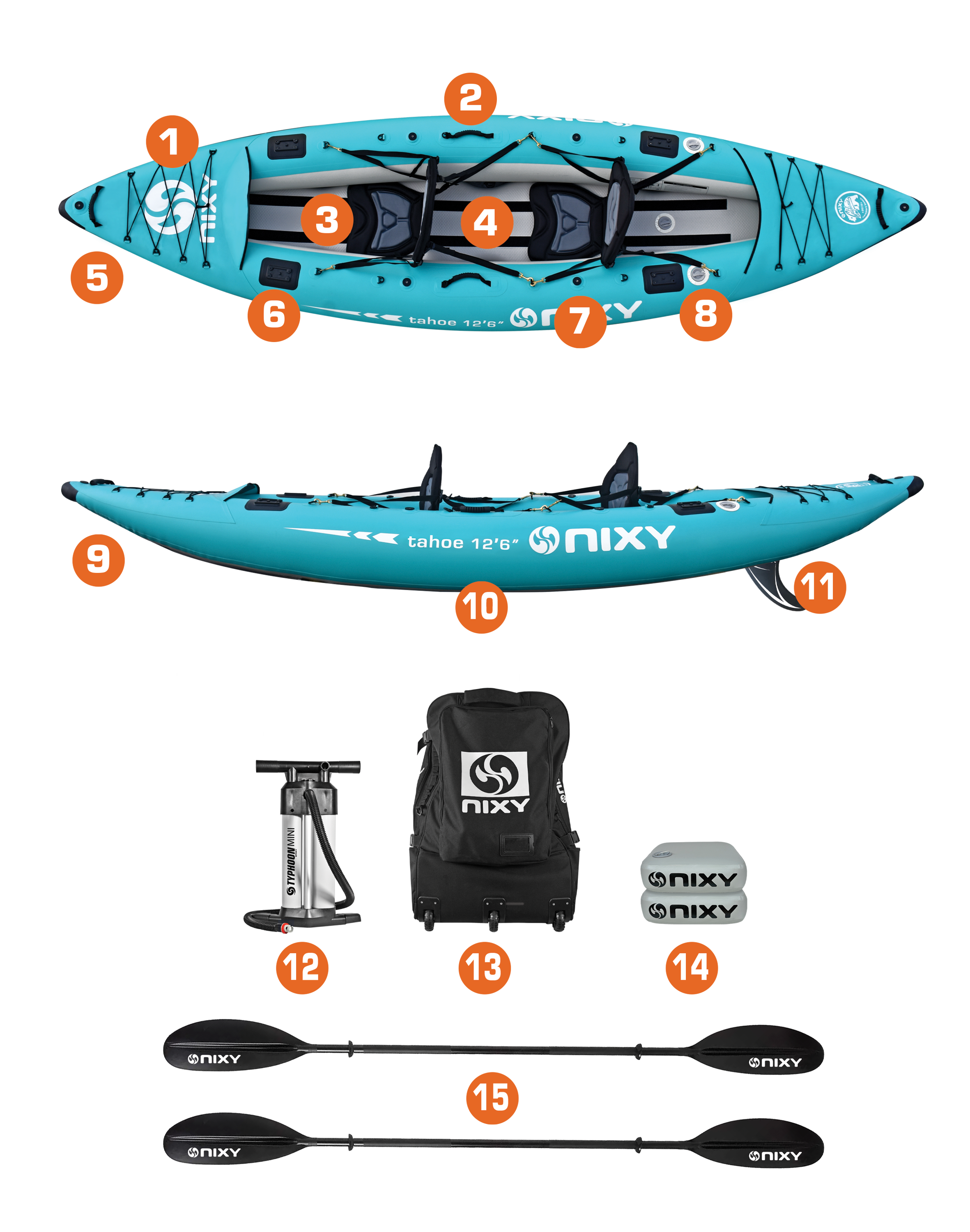NIXY lightweight inflatable kayak features and included accessories