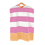 NIXY Landon Kids Turkish Cotton Changing Poncho in Pink and Orange, wide pink and white stripes with thin orange stripes at the hem, shown on a hanger against a white background