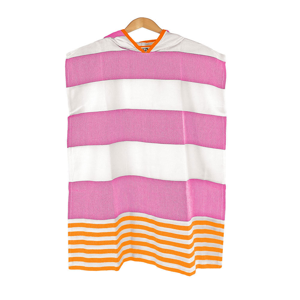 NIXY Landon Kids Turkish Cotton Changing Poncho in Pink and Orange, wide pink and white stripes with thin orange stripes at the hem, shown on a hanger against a white background