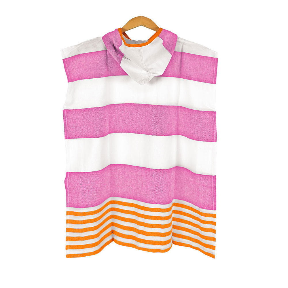 Back view of the NIXY Landon Kids Turkish Cotton Changing Poncho in Pink and Orange on a hanger against a white background, showing the hood drape and orange-trimmed neckline