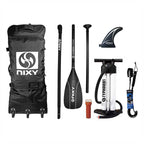 NIXY Manhattan G5 complete package with 3-piece carbon hybrid paddle, dual-chamber pump, coiled leash, repair kit, and wheeled travel backpack