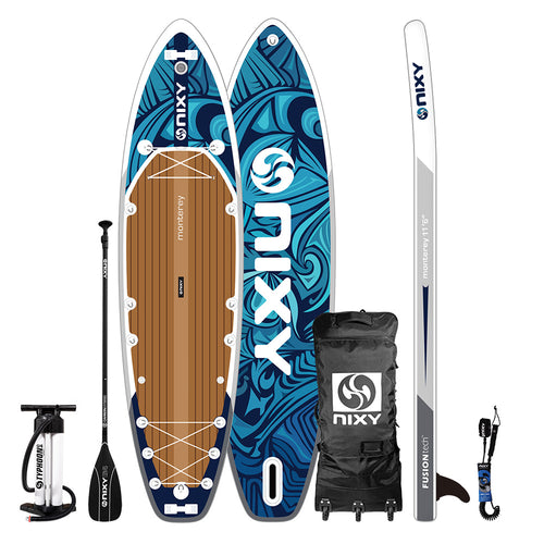 NIXY Monterey G5 11'6" inflatable expedition paddle board in Exuma blue wave print with carbon paddle, pump, backpack and leash