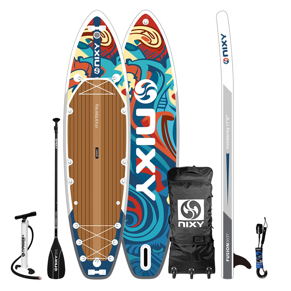 NIXY Monterey G5 11'6" inflatable paddle board set with paddle, pump, and carrying bag on a white background