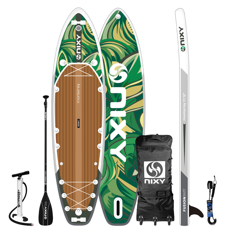 NIXY Monterey 11'6" inflatable paddle board set with complete accessories package on a white background
