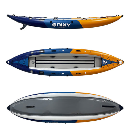 NIXY Tahoe 150 tandem inflatable kayak with a rigid 10 cm drop-stitch floor and over 600 lb capacity