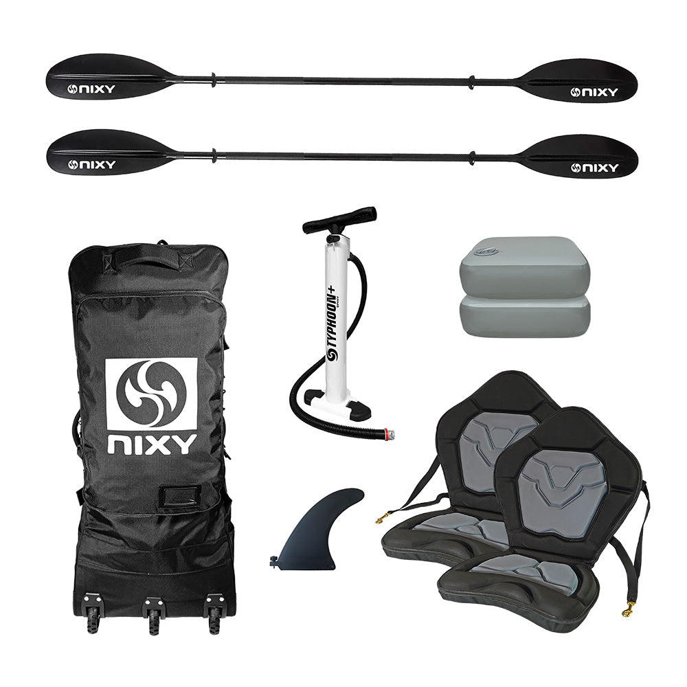 NIXY Tahoe 150 tandem inflatable kayak with two adjustable seats, booster cushions, and fishing-gear mounts