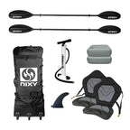 NIXY Tahoe 150 tandem inflatable kayak with two adjustable seats, booster cushions, and fishing-gear mounts