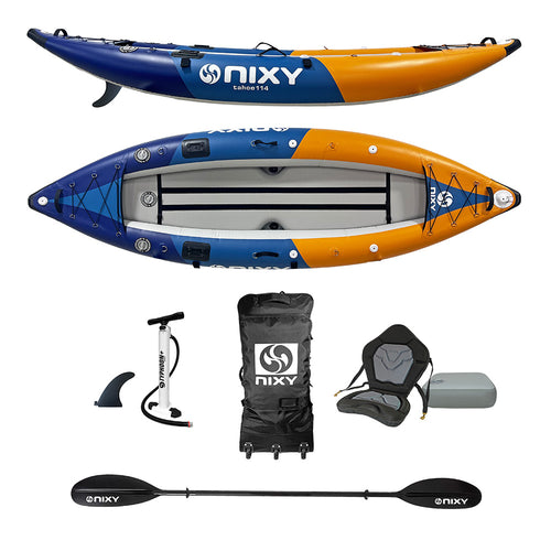 NIXY Tahoe 114 single inflatable kayak, a 9'6 foot one-person kayak built for solo touring and fishing