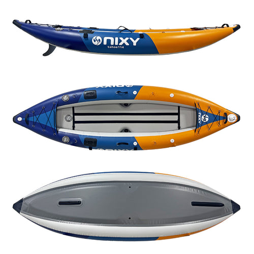 NIXY Tahoe 114 single inflatable kayak with a rigid 10 cm drop-stitch floor and PVC tarpaulin side tubes