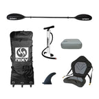 NIXY Tahoe 114 single inflatable kayak with an adjustable seat, drop-stitch booster cushion, and fishing-gear mounts