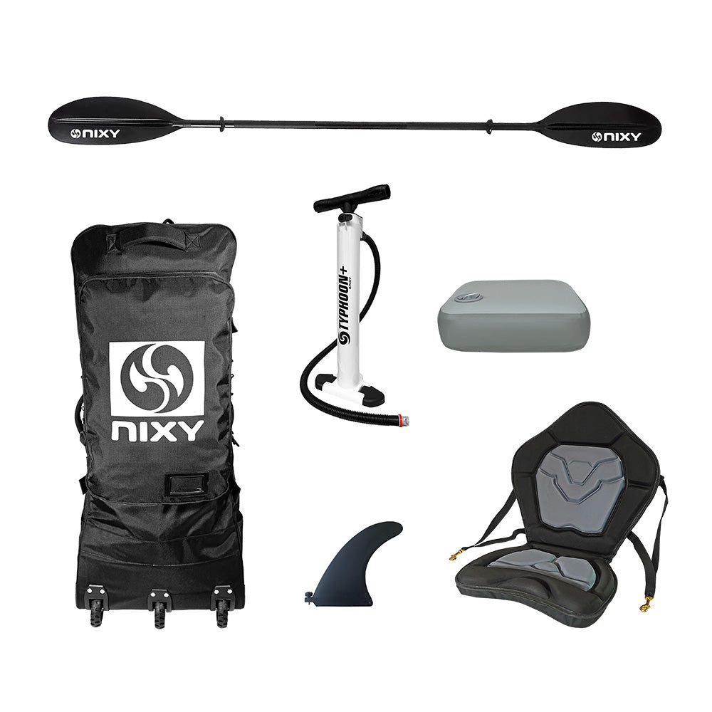 NIXY Tahoe 114 single inflatable kayak with an adjustable seat, drop-stitch booster cushion, and fishing-gear mounts